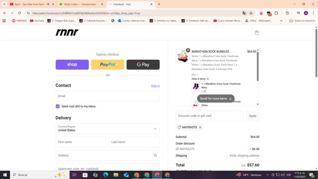 RNNR checkout page showing RNNR discount code box | Screenshot taken by SimplyCodes community member on Sep 11, 2025