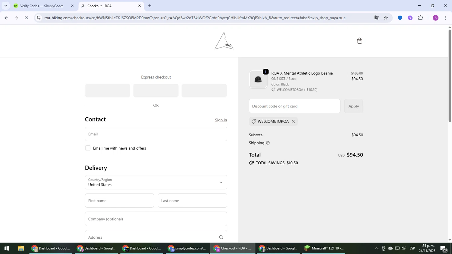 Roa discount code screenshot showing code WELCOMETOROA applied at Roa checkout page. Uploaded by SimplyCodes community member Son_Goku on Nov 24, 2025