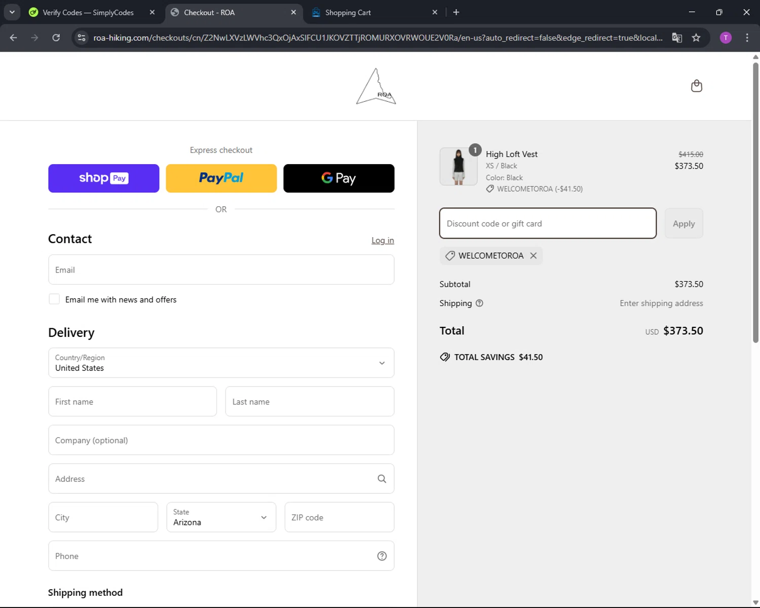 Roa discount code screenshot showing code WELCOMETOROA applied at Roa checkout page. Uploaded by SimplyCodes community member CleverFinder9623 on Mar 27, 2025