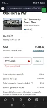 RVMILES2X coupon verification screenshot