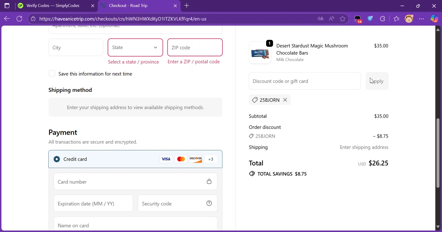 Road Trip discount code screenshot showing code 25BJORN applied at Road Trip checkout page. Uploaded by SimplyCodes community member Raibelys_18 on Sep 22, 2025