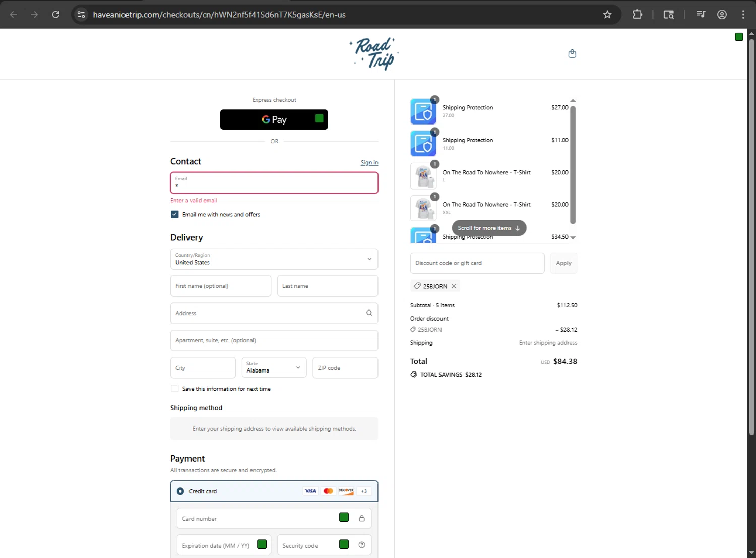 Road Trip discount code screenshot showing code 25BJORN applied at Road Trip checkout page. Uploaded by SimplyCodes community member kaiser2 on Sep 10, 2025