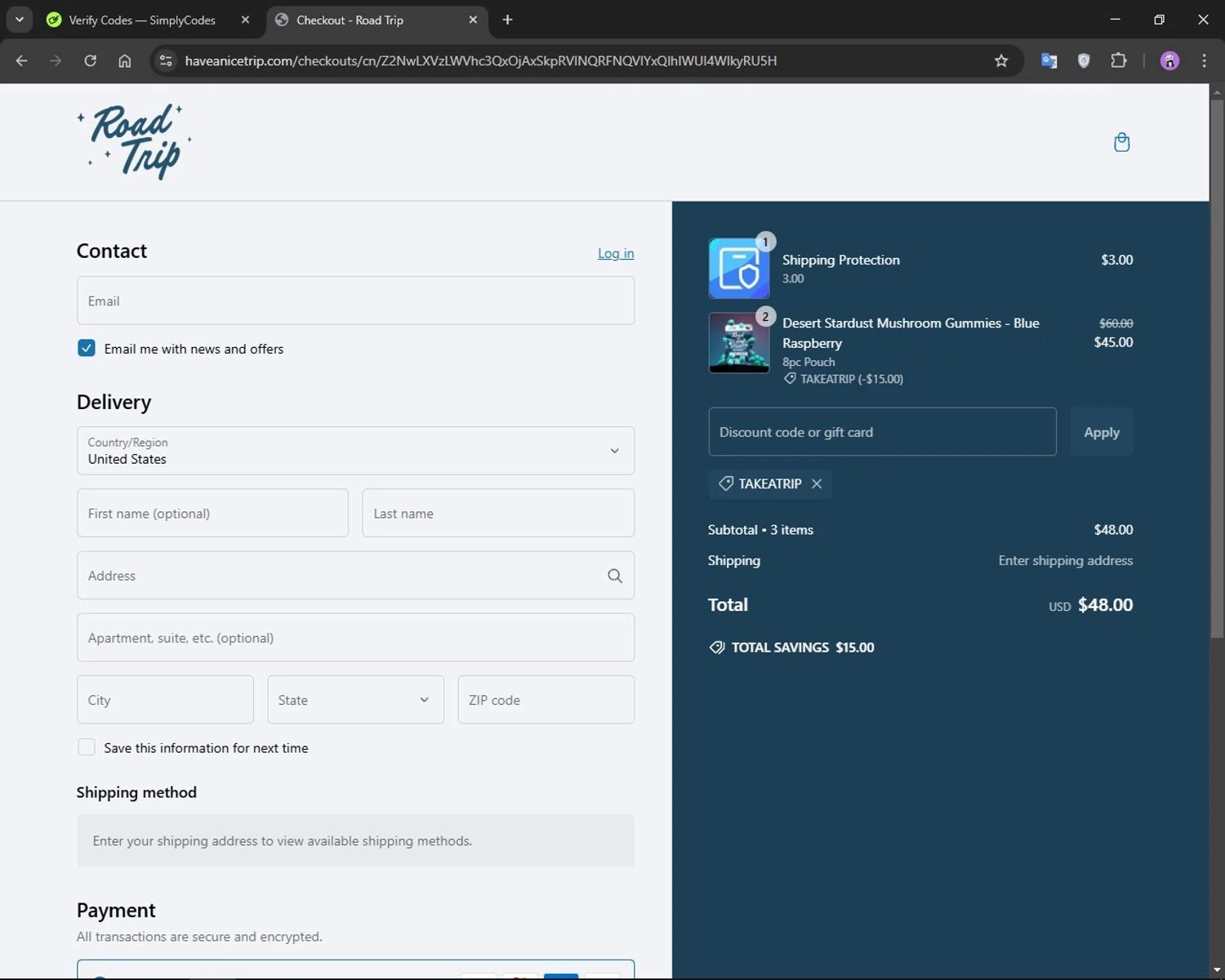 Road Trip discount code screenshot showing code TAKEATRIP applied at Road Trip checkout page. Uploaded by SimplyCodes community member AuronPlay on Jan 29, 2025
