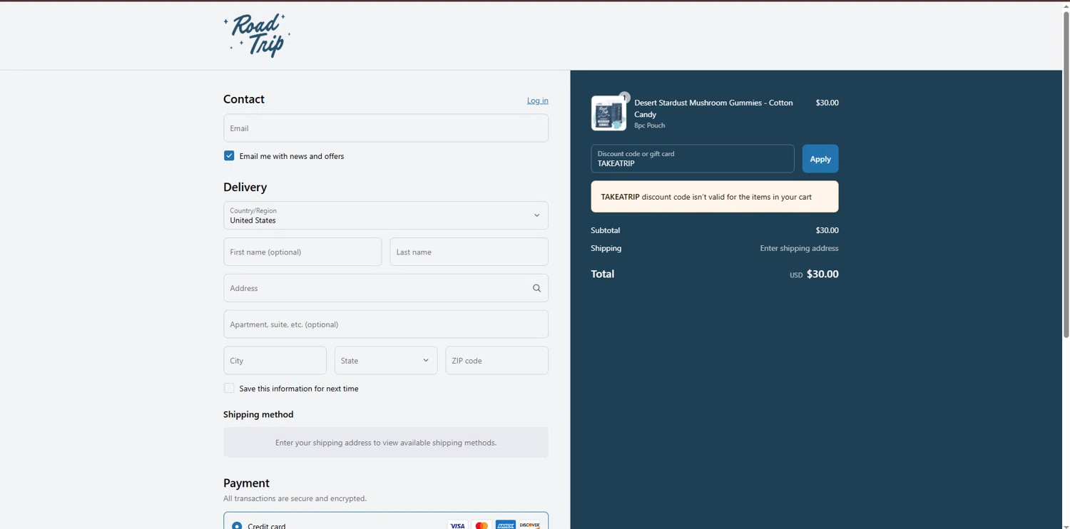 Road Trip discount code screenshot showing code TAKEATRIP applied at Road Trip checkout page. Uploaded by SimplyCodes community member Underaiki on Mar 20, 2025