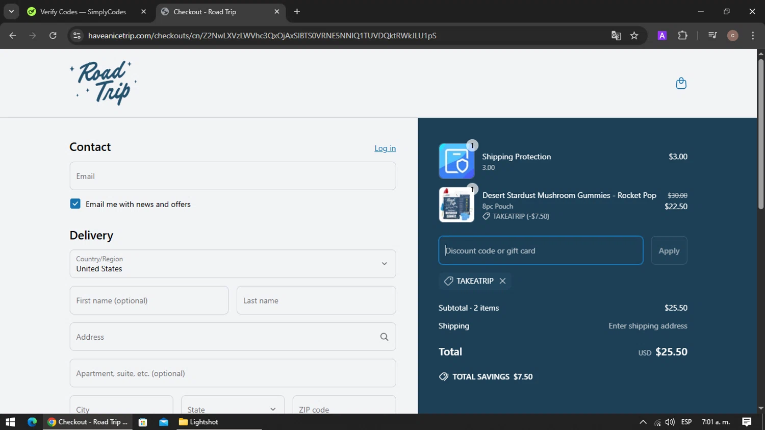 Road Trip discount code screenshot showing code TAKEATRIP applied at Road Trip checkout page. Uploaded by SimplyCodes community member VoucherRanger901 on Mar 20, 2025