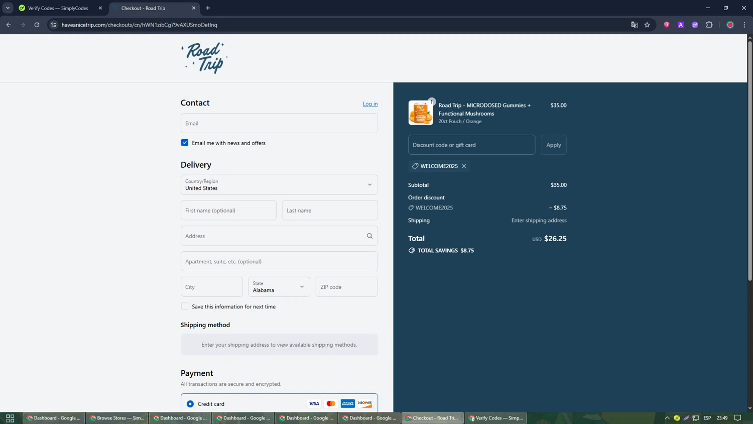 Road Trip discount code screenshot showing code WELCOME2025 applied at Road Trip checkout page. Uploaded by SimplyCodes community member Joseph_Davis on Aug 19, 2025
