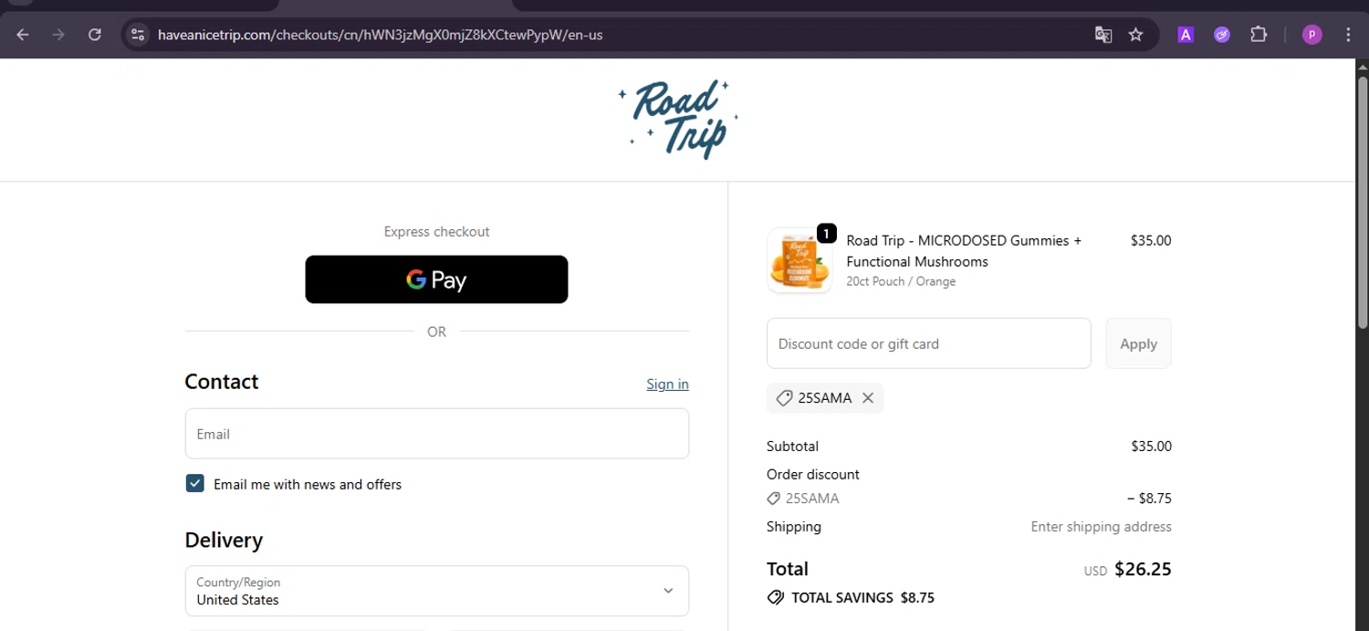 Road Trip discount code screenshot showing code 25SAMA applied at Road Trip checkout page. Uploaded by SimplyCodes community member firoas on Oct 4, 2025