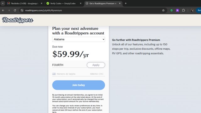 Roadtrippers checkout page showing Roadtrippers coupon code box | Screenshot taken by SimplyCodes community member on Jul 22, 2025