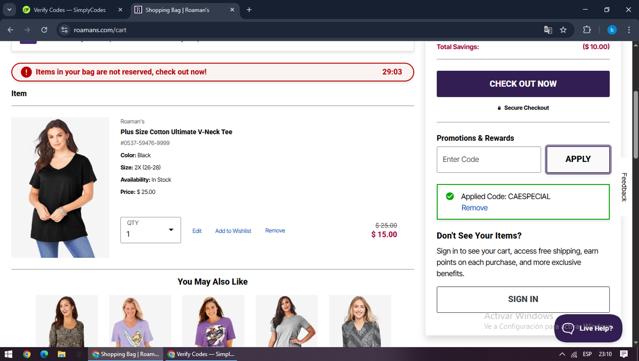 Roaman's checkout page showing Roaman's promo code box | Screenshot taken by SimplyCodes community member on Sep 10, 2025