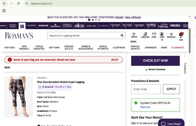 Roaman's checkout page showing Roaman's promo code box | Screenshot taken by SimplyCodes community member on Sep 3, 2025