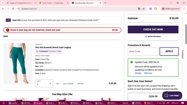 Roaman's checkout page showing Roaman's promo code box | Screenshot taken by SimplyCodes community member on Sep 3, 2025