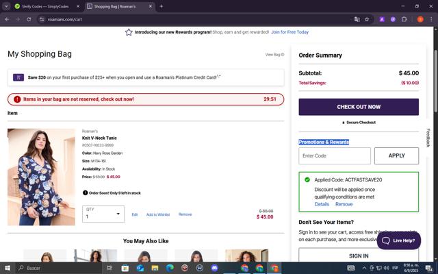 Roaman's checkout page showing Roaman's promo code box | Screenshot taken by SimplyCodes community member on Sep 6, 2025