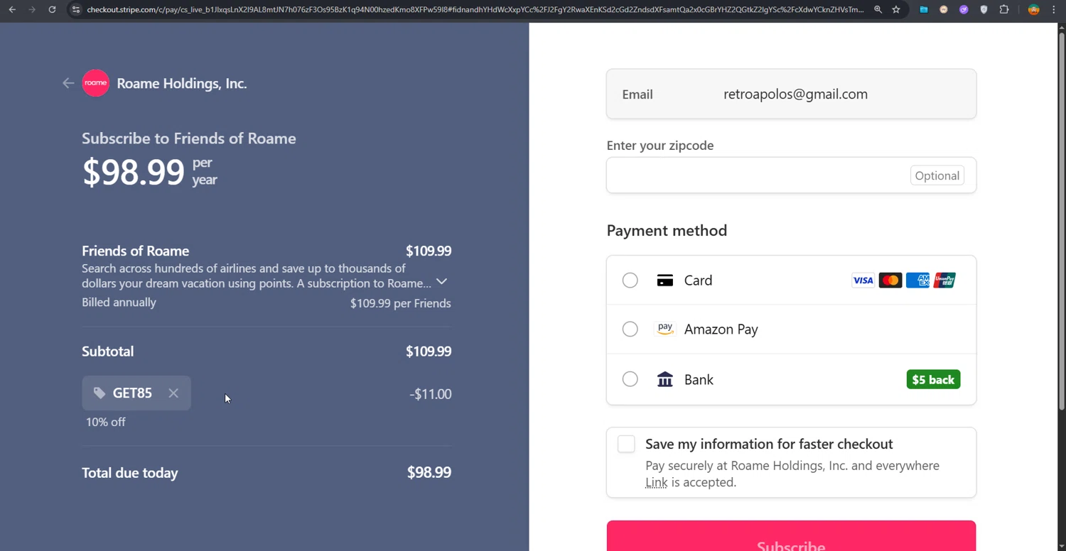 Roame.Travel promo code screenshot showing code get85 applied at Roame.Travel checkout page. Uploaded by SimplyCodes community member PrimeShopper6600 on Dec 26, 2025