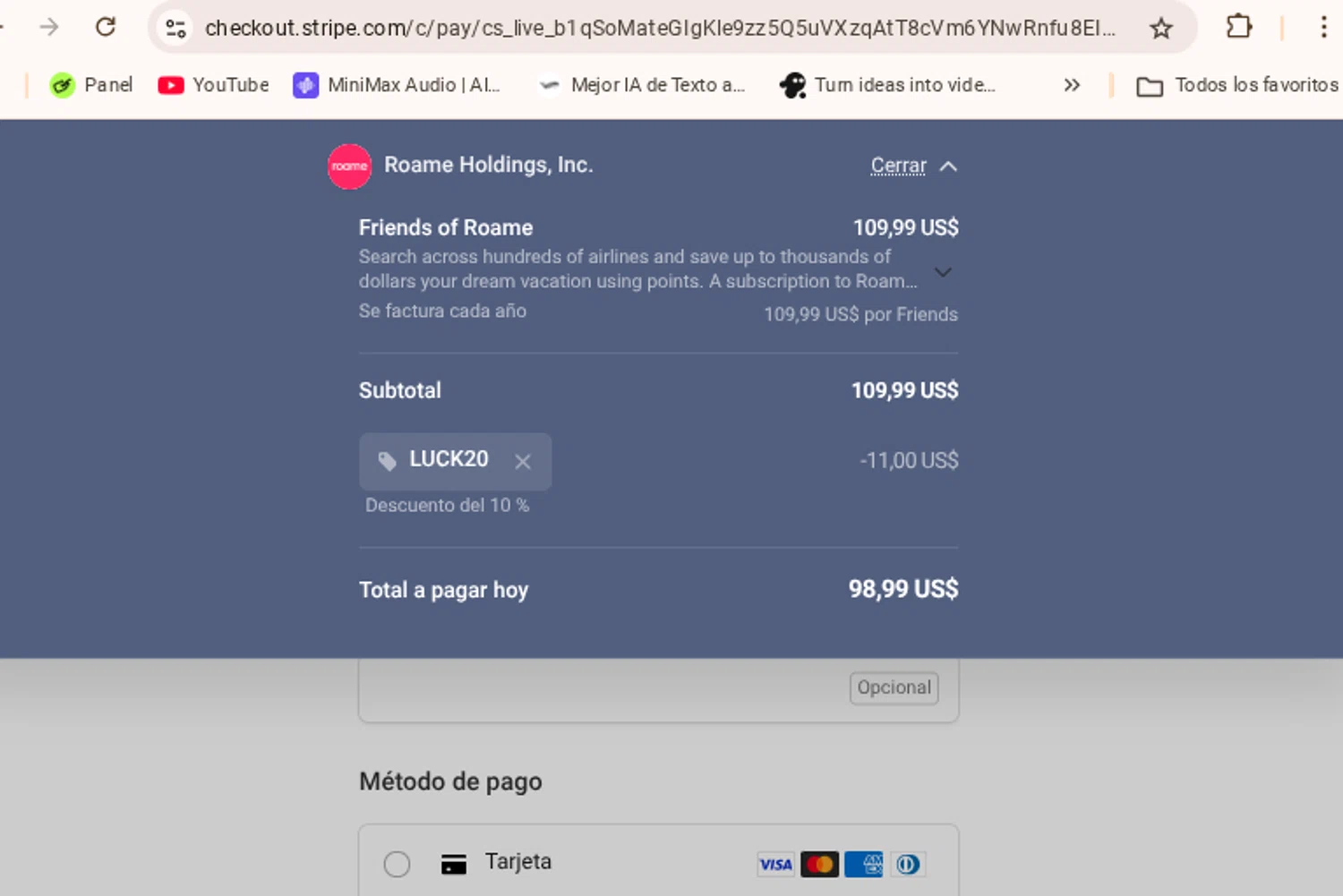 Roame.Travel promo code screenshot showing code LUCK20 applied at Roame.Travel checkout page. Uploaded by SimplyCodes community member Mosue17 on Nov 18, 2025