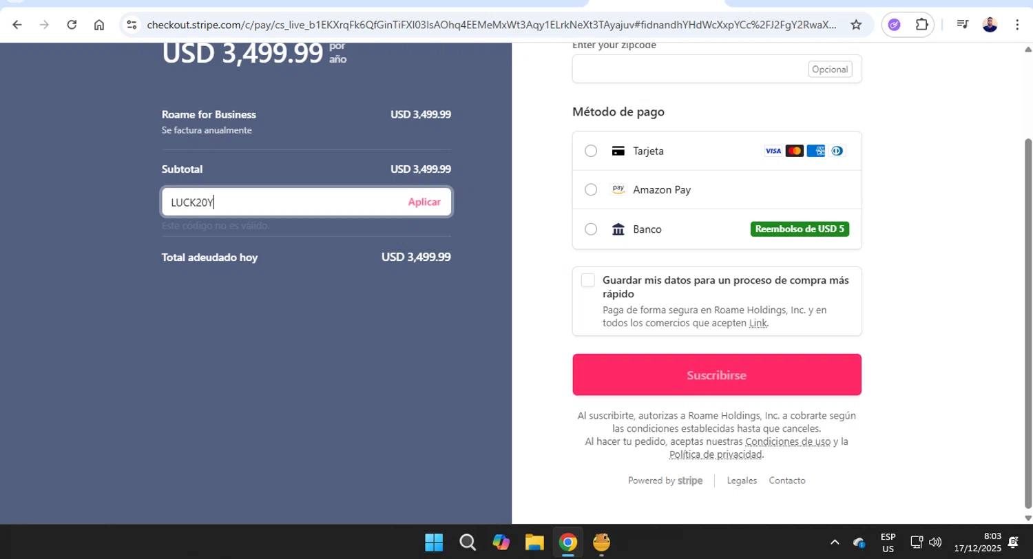 Roame.Travel promo code screenshot showing code LUCK20 applied at Roame.Travel checkout page. Uploaded by SimplyCodes community member joseg151520 on Dec 17, 2025