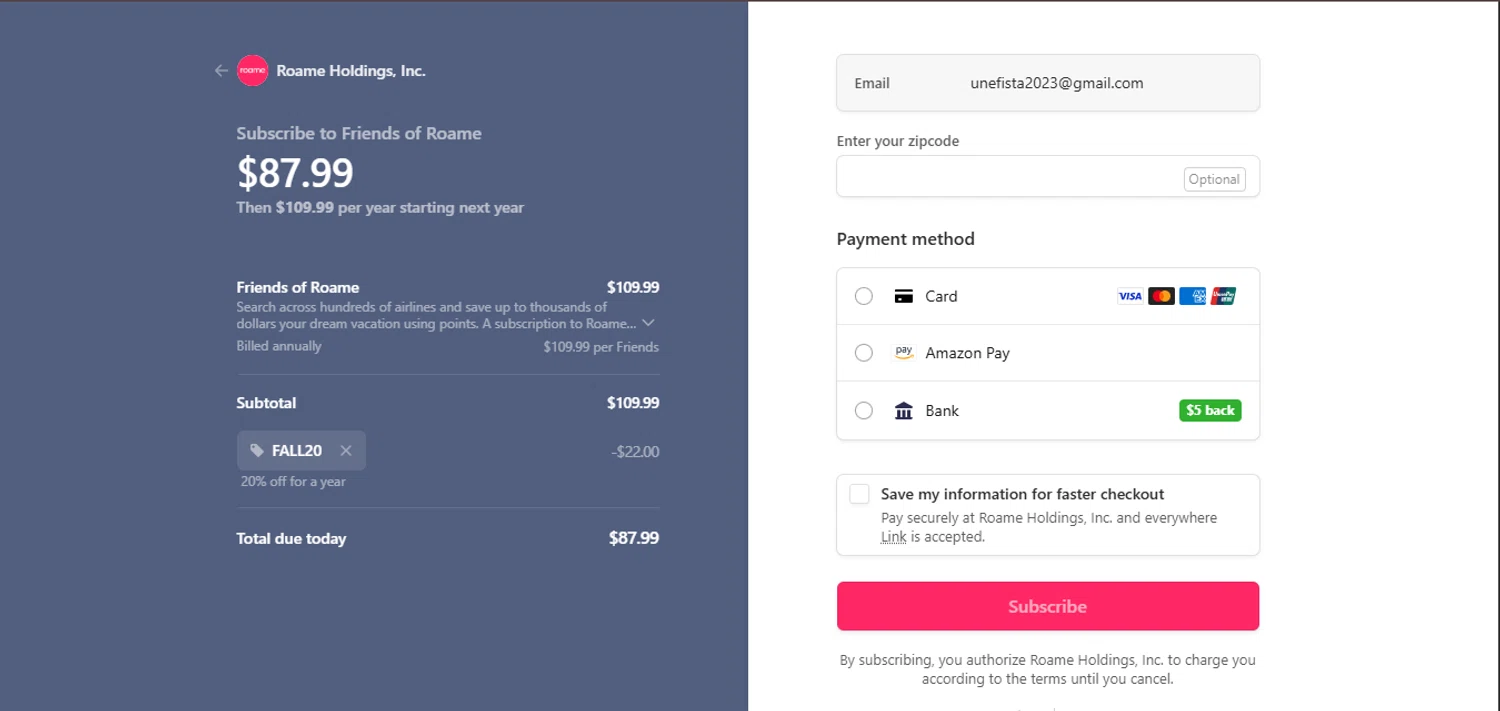 Roame.Travel promo code screenshot showing code fall20 applied at Roame.Travel checkout page. Uploaded by SimplyCodes community member juanisaac on Sep 21, 2025