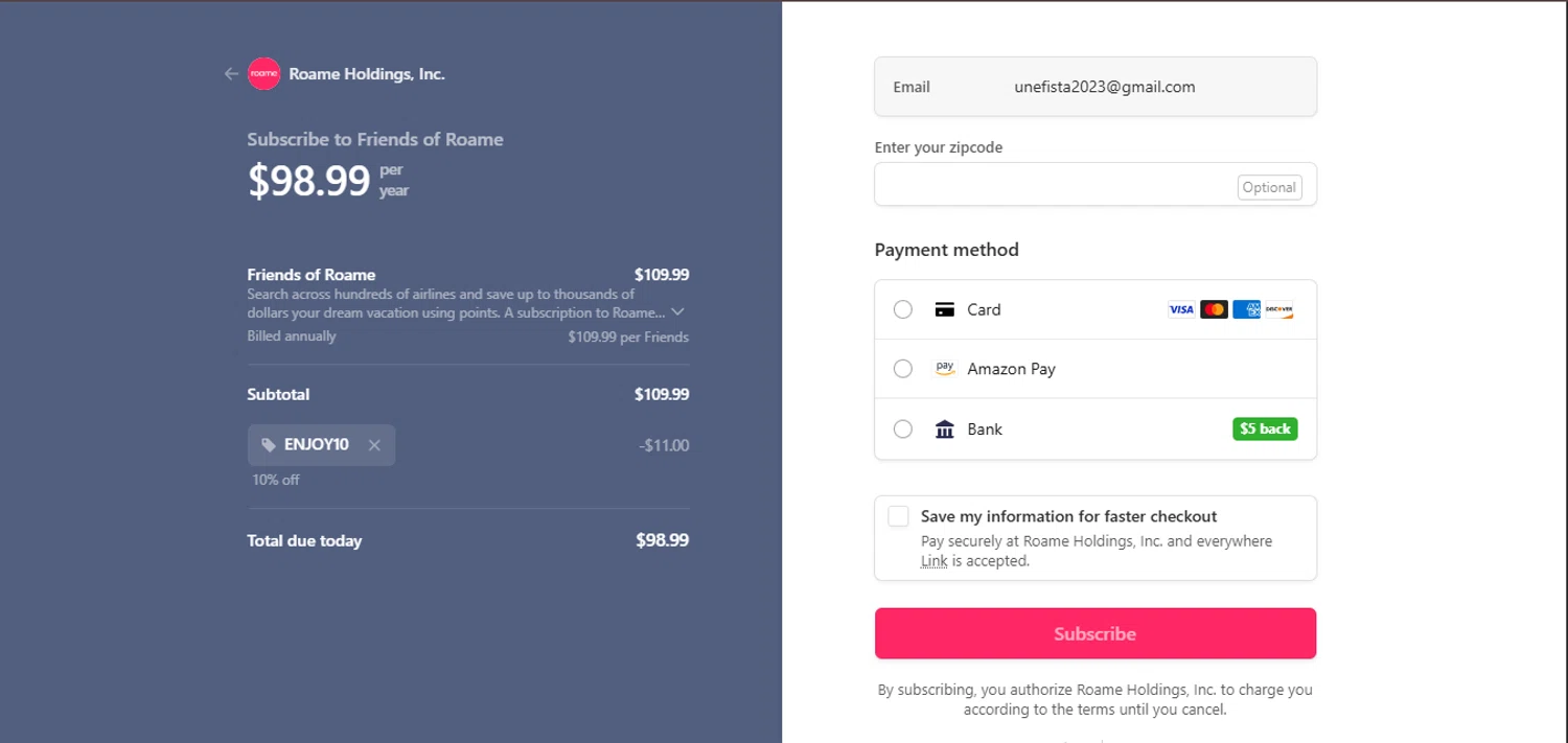 Roame.Travel promo code screenshot showing code ENJOY10 applied at Roame.Travel checkout page. Uploaded by SimplyCodes community member juanisaac on Sep 21, 2025