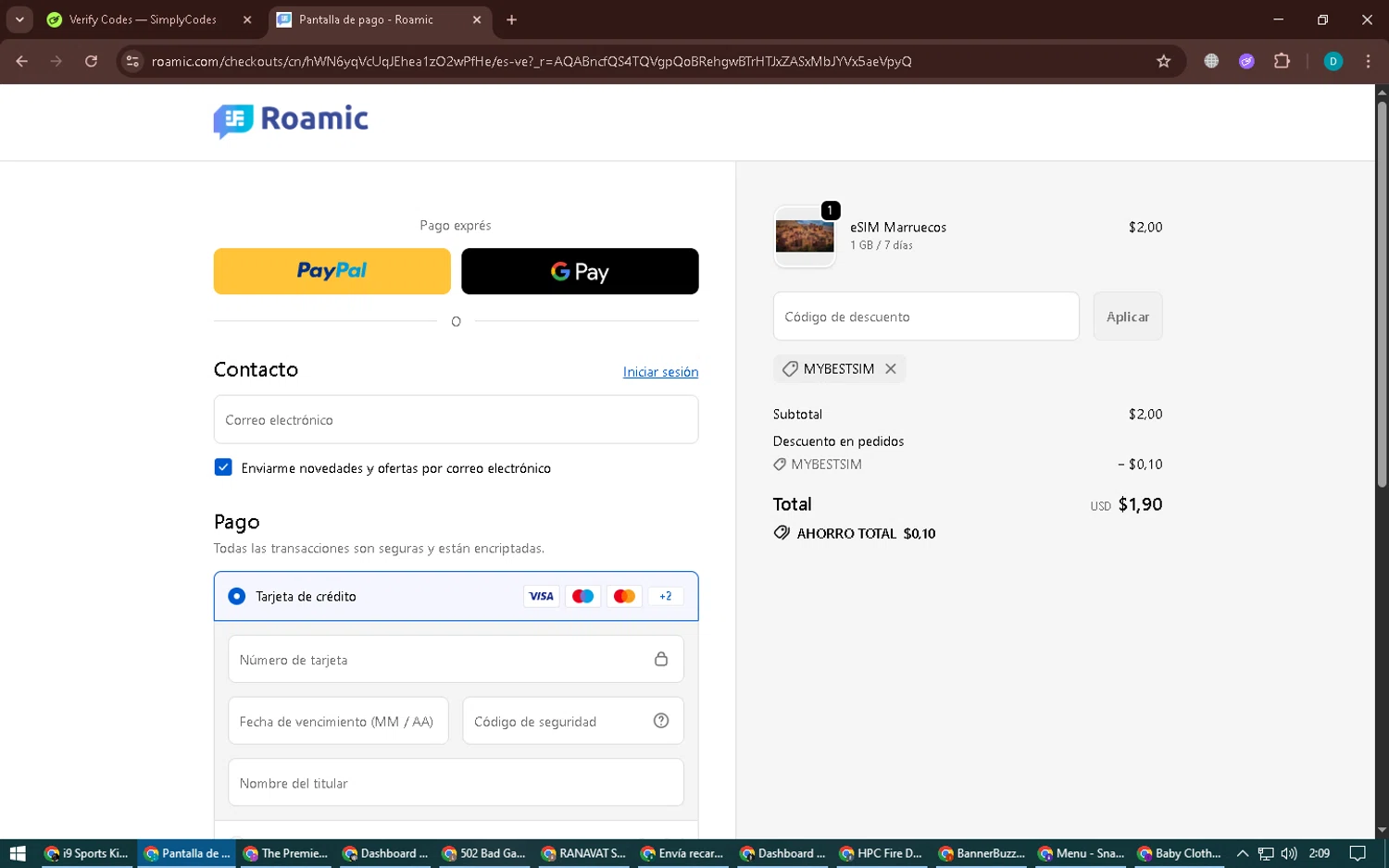 Roamic promo code screenshot showing code MYBESTSIM applied at Roamic checkout page. Uploaded by SimplyCodes community member BonusPilot3825 on Dec 29, 2025