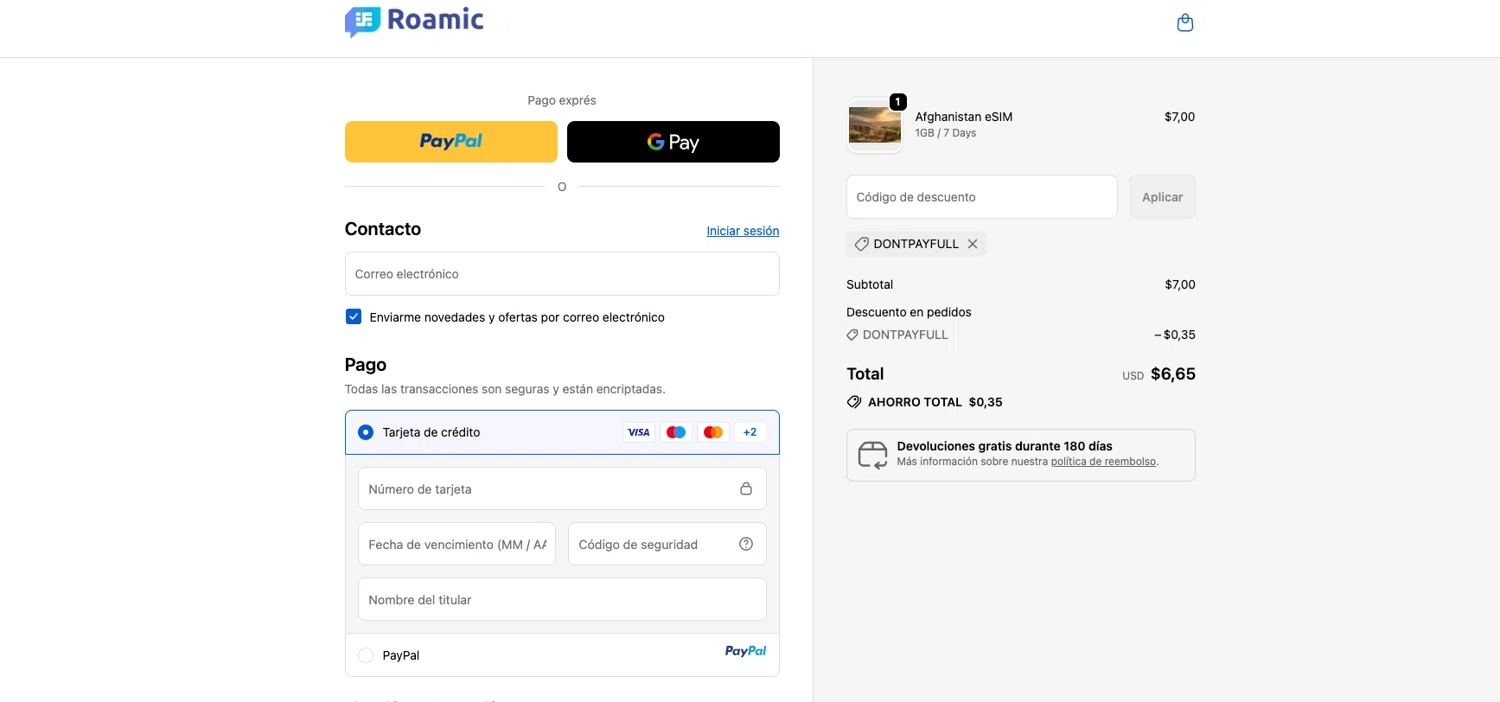Roamic promo code screenshot showing code DONTPAYFULL applied at Roamic checkout page. Uploaded by SimplyCodes community member ELOIN777 on Sep 25, 2025