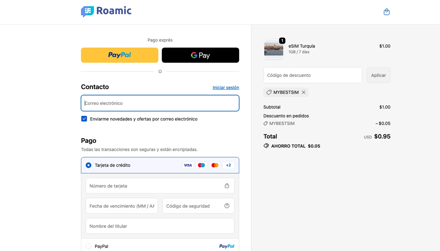 Roamic promo code screenshot showing code MYBESTSIM applied at Roamic checkout page. Uploaded by SimplyCodes community member ELOIN777 on Dec 13, 2025