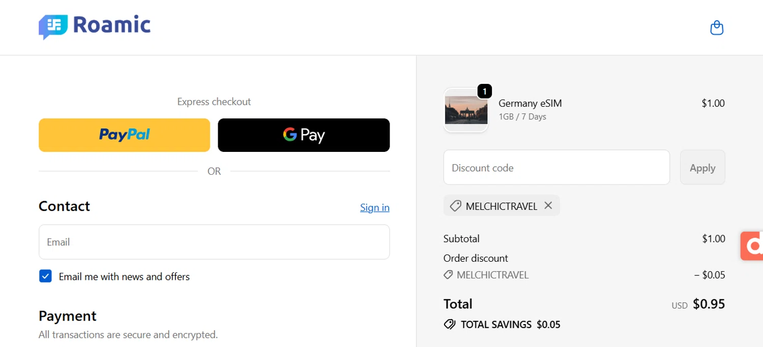 Roamic promo code screenshot showing code MELCHICTRAVEL applied at Roamic checkout page. Uploaded by SimplyCodes community member ESTHER3121 on Dec 27, 2025