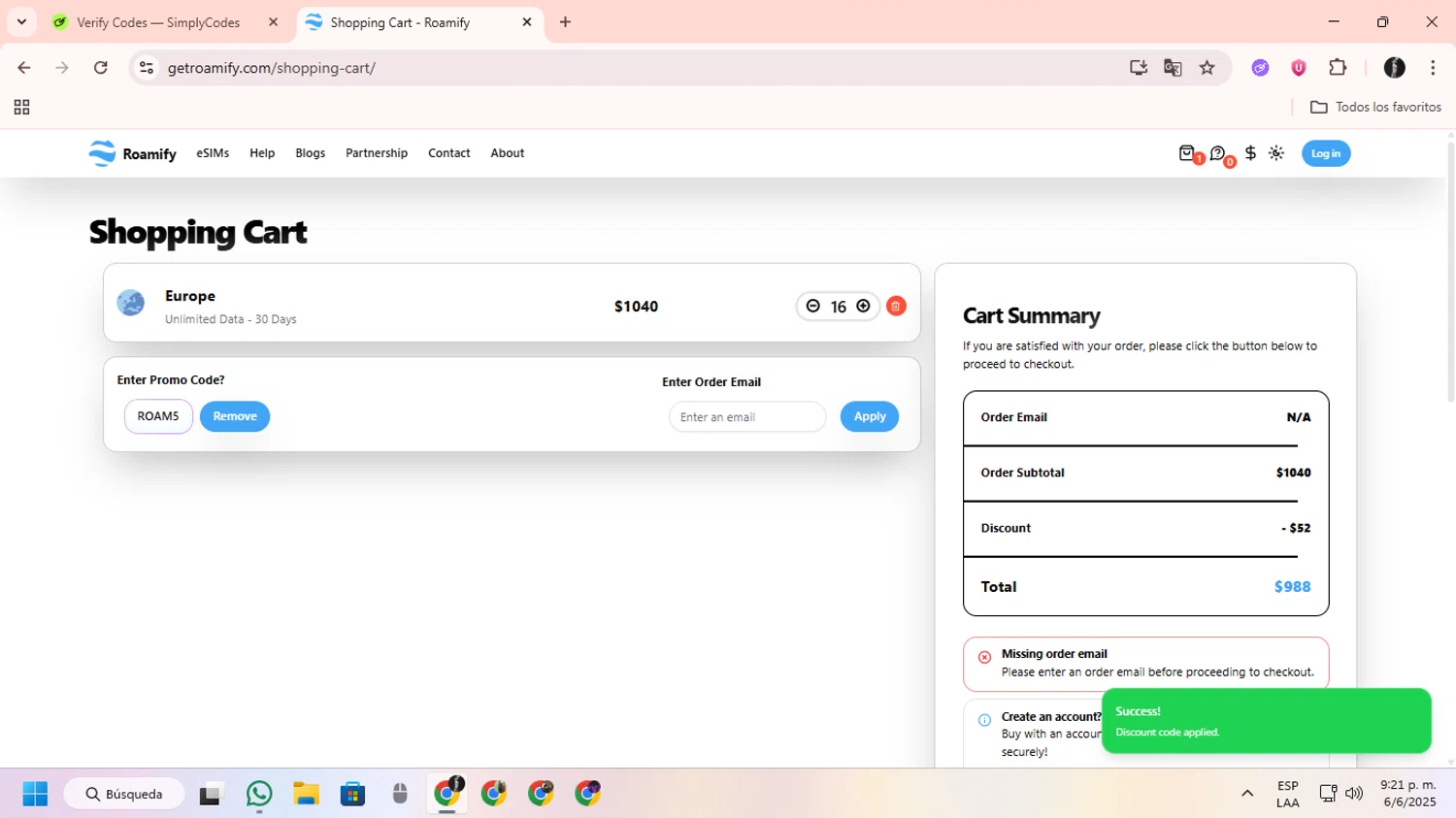 Roamify promo code screenshot showing code ROAM5 applied at Roamify checkout page. Uploaded by SimplyCodes community member ChinoYugiXD on Jun 7, 2025