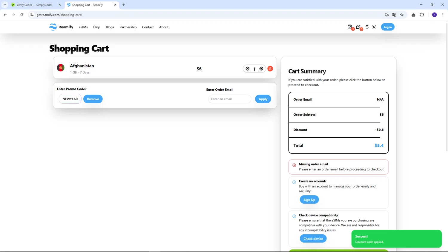 Roamify promo code screenshot showing code NEWYEAR applied at Roamify checkout page. Uploaded by SimplyCodes community member AberthGotopo on Apr 16, 2025