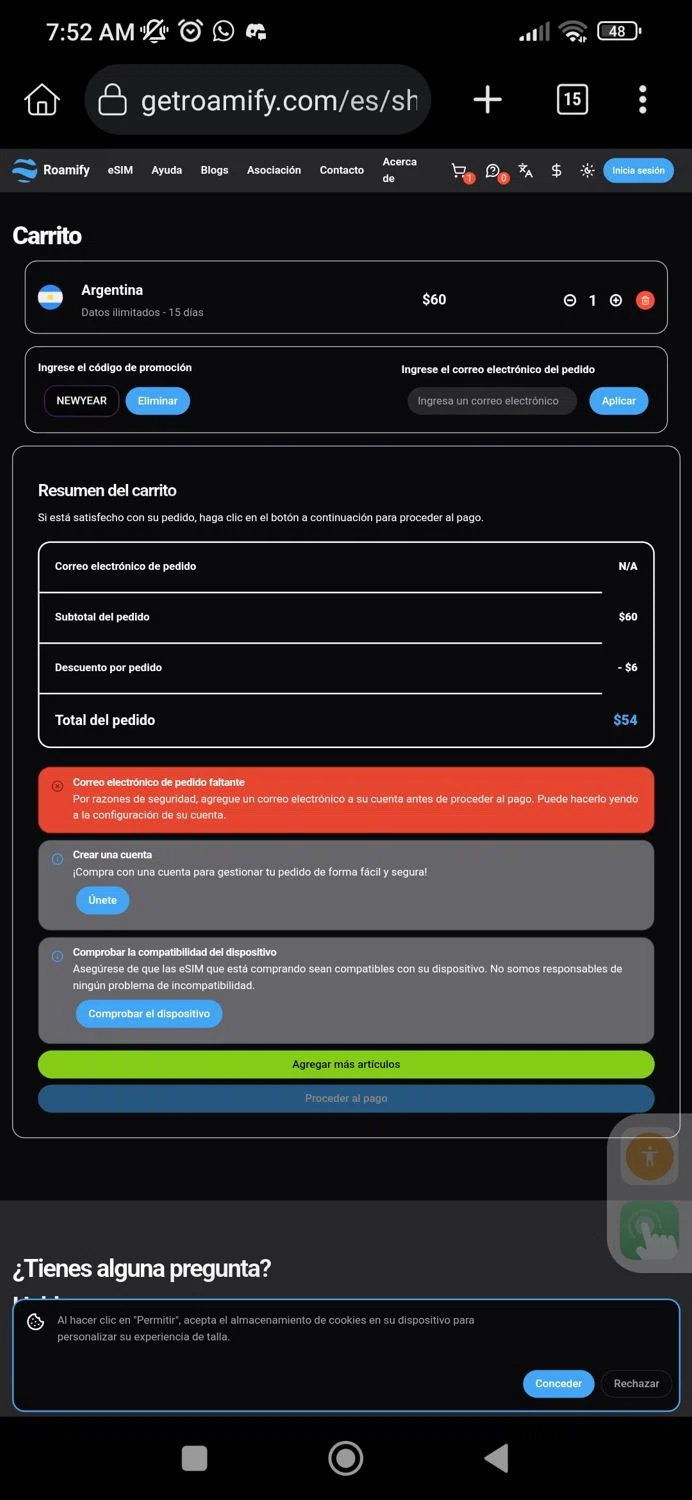 Roamify promo code screenshot showing code NEWYEAR applied at Roamify checkout page. Uploaded by SimplyCodes community member Ginoxx on Jul 12, 2025