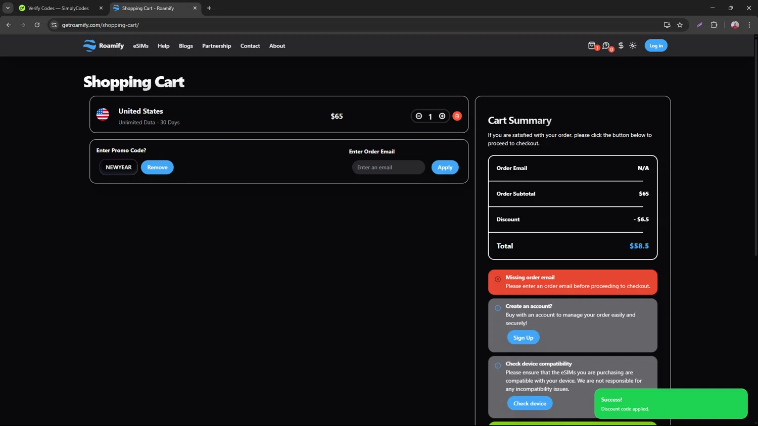 Roamify promo code screenshot showing code NEWYEAR applied at Roamify checkout page. Uploaded by SimplyCodes community member necesitoplata on Apr 16, 2025