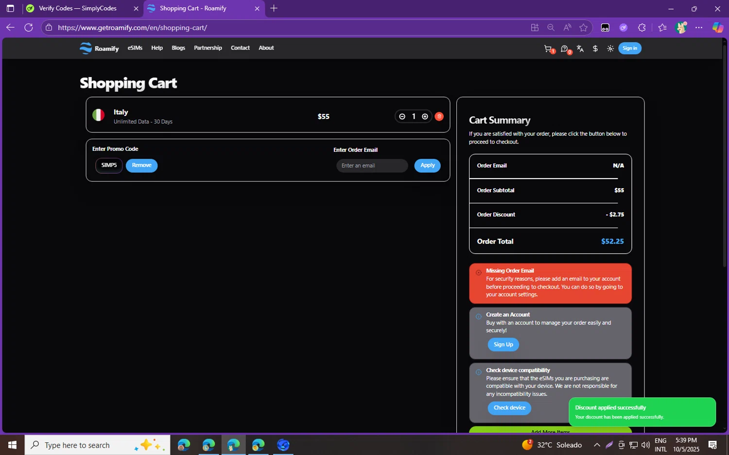 Roamify promo code screenshot showing code SIMP5 applied at Roamify checkout page. Uploaded by SimplyCodes community member fghfgefds2 on Oct 5, 2025