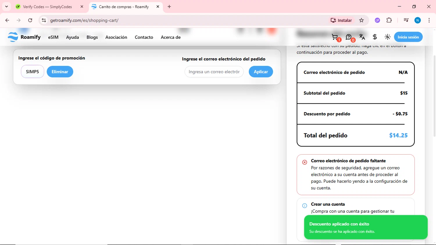Roamify promo code screenshot showing code SIMP5 applied at Roamify checkout page. Uploaded by SimplyCodes community member QuestOwl6398 on Dec 2, 2025