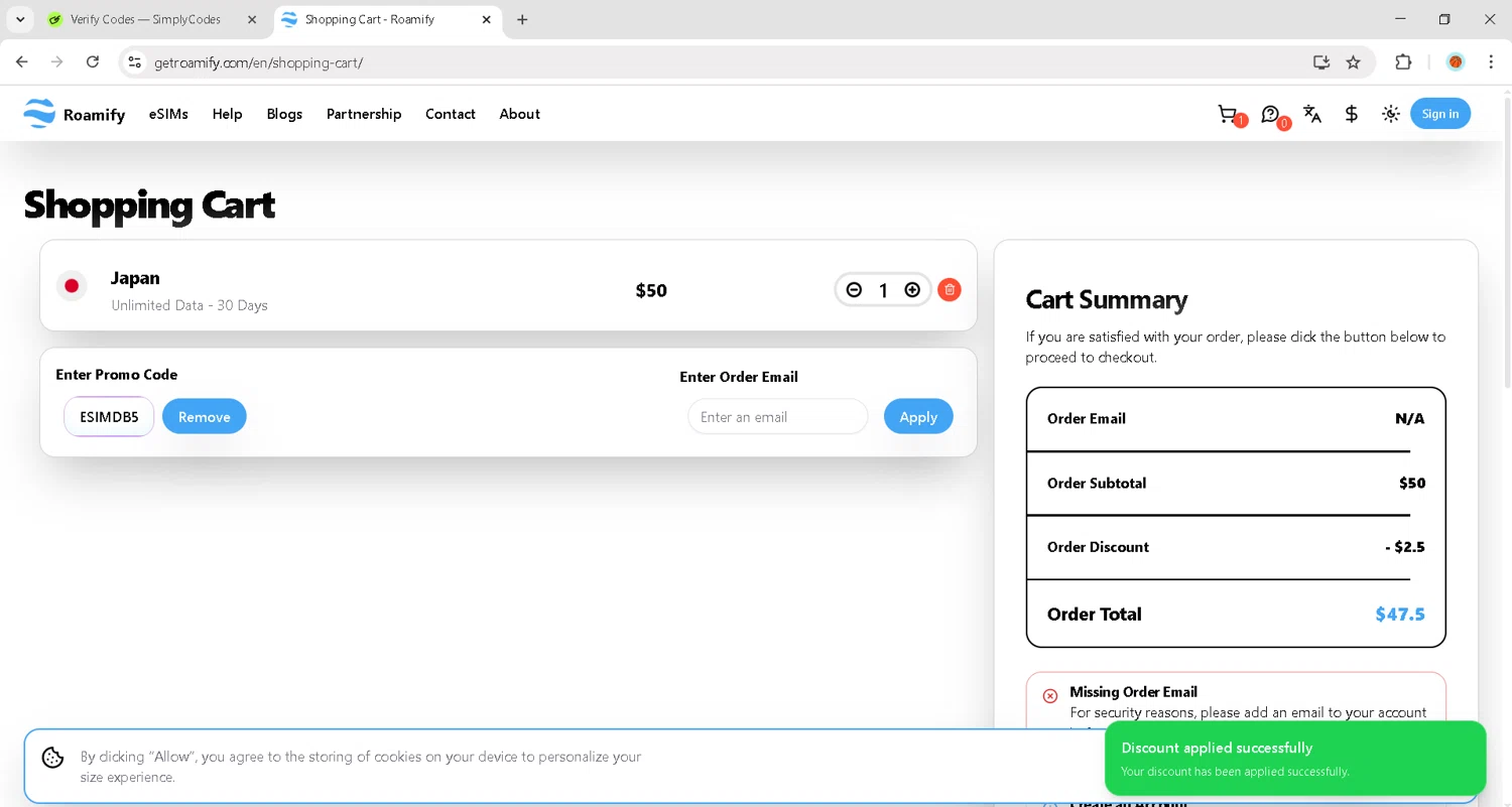 Roamify promo code screenshot showing code ESIMDB5 applied at Roamify checkout page. Uploaded by SimplyCodes community member JosephStevens774 on Oct 4, 2025