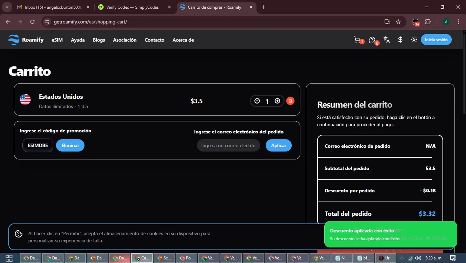 Roamify promo code screenshot showing code ESIMDB5 applied at Roamify checkout page. Uploaded by SimplyCodes community member LegendaryFalcon6699 on Dec 2, 2025
