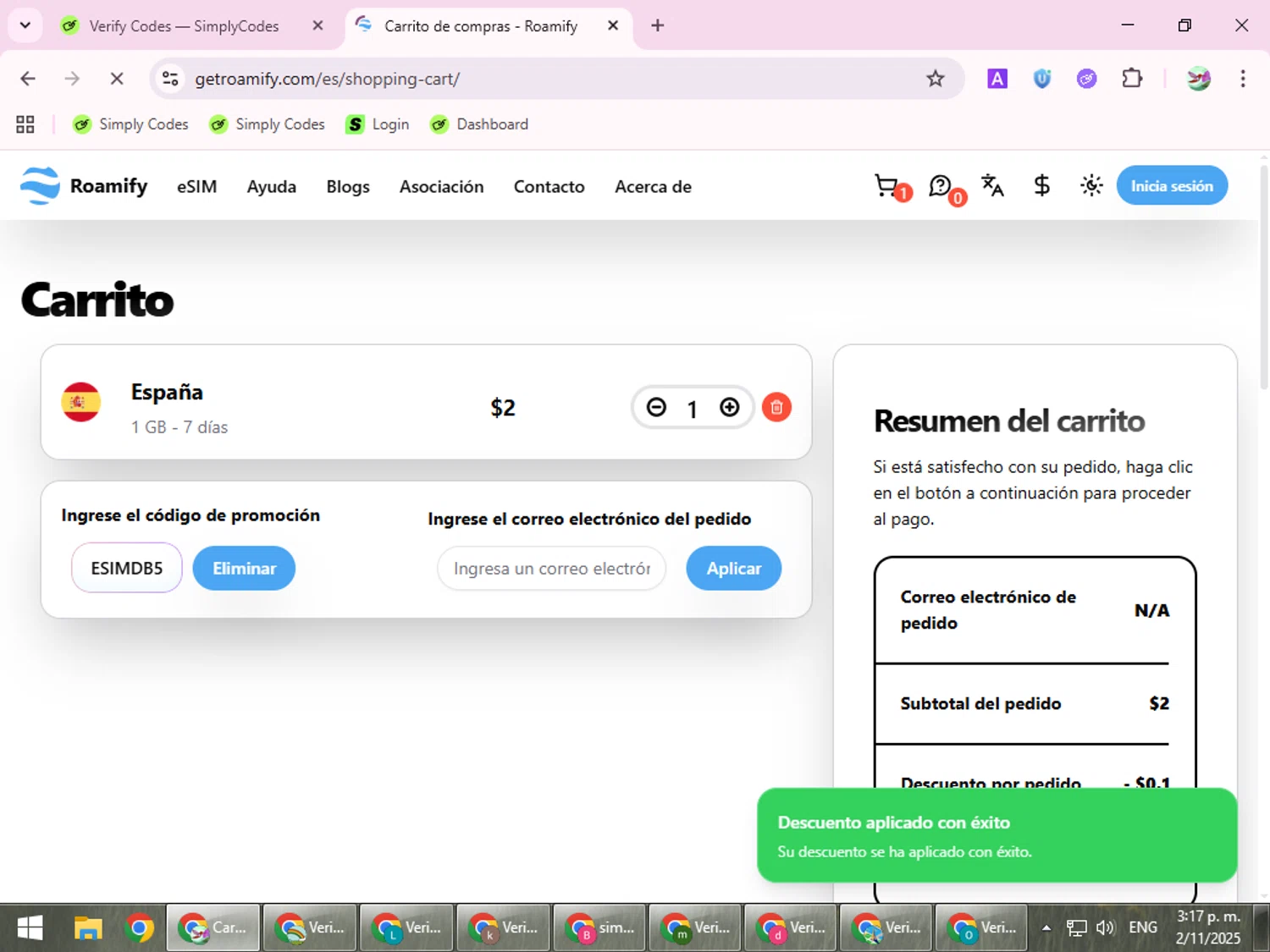 Roamify promo code screenshot showing code ESIMDB5 applied at Roamify checkout page. Uploaded by SimplyCodes community member SilverExpert5694 on Nov 2, 2025