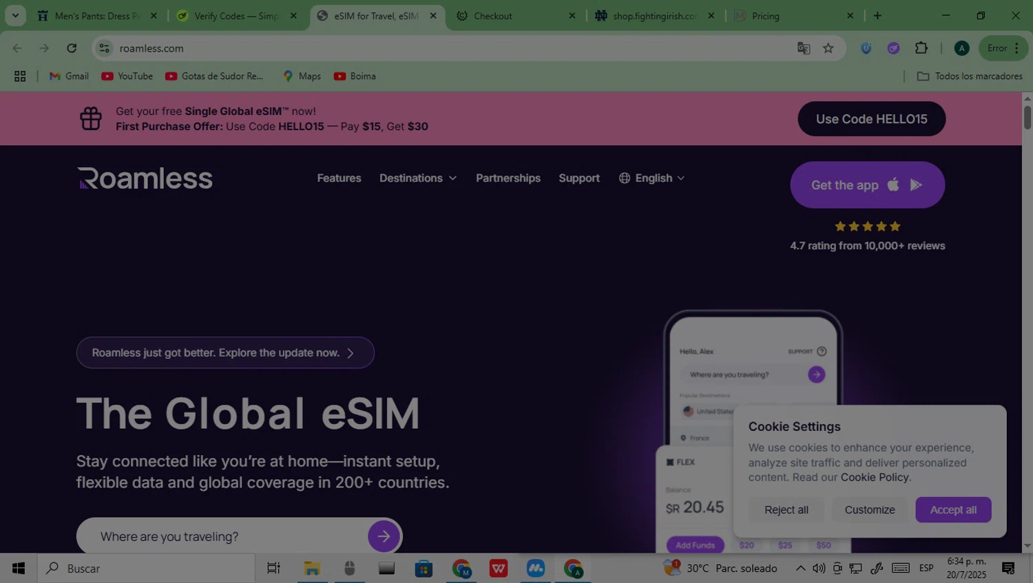 Roamless promo code screenshot showing code HELLO20 applied at Roamless checkout page. Uploaded by SimplyCodes community member Saturno on Jul 20, 2025