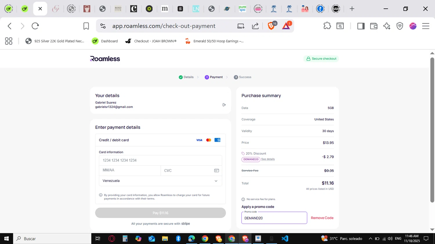 Roamless checkout page showing Roamless promo code box | Screenshot taken by SimplyCodes community member on Nov 18, 2025