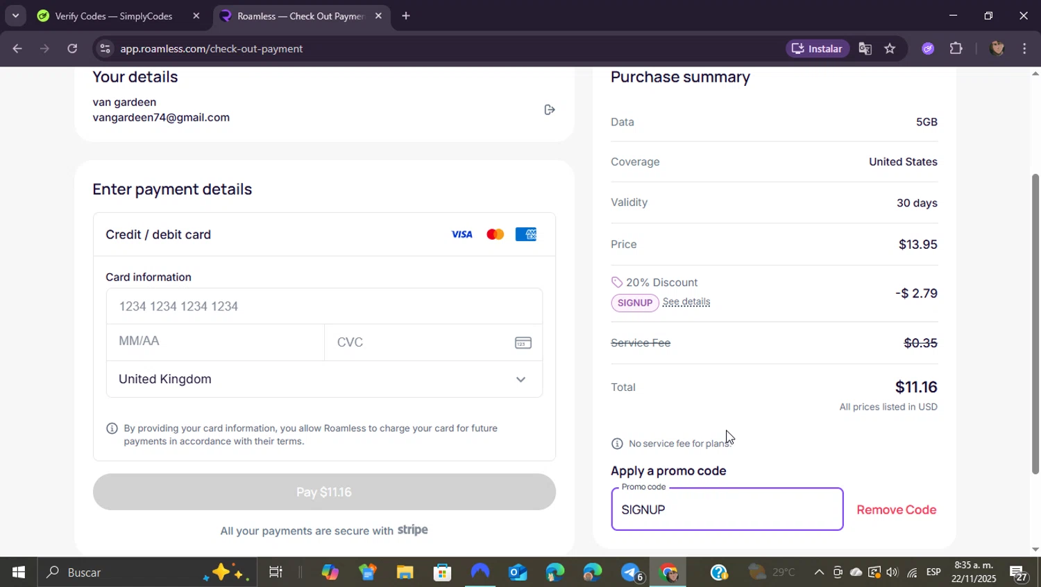 Roamless promo code screenshot showing code SIGNUP applied at Roamless checkout page. Uploaded by SimplyCodes community member ShieldEagle9436 on Nov 22, 2025