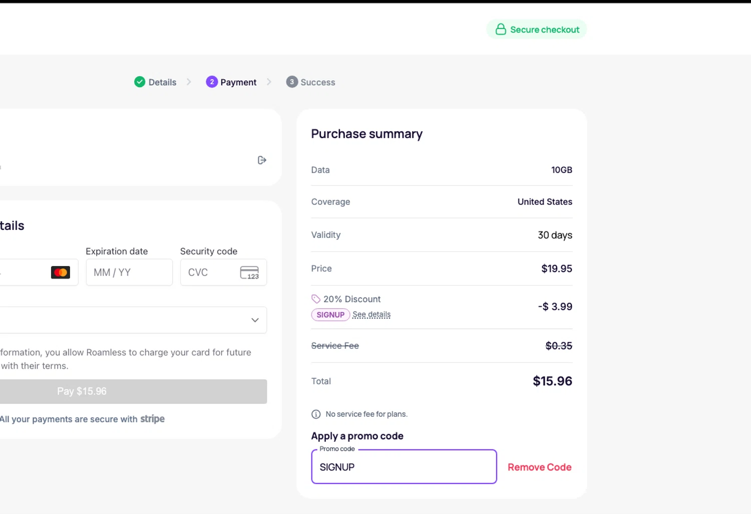 Roamless promo code screenshot showing code SIGNUP applied at Roamless checkout page. Uploaded by SimplyCodes community member ELOIN777 on Oct 24, 2025
