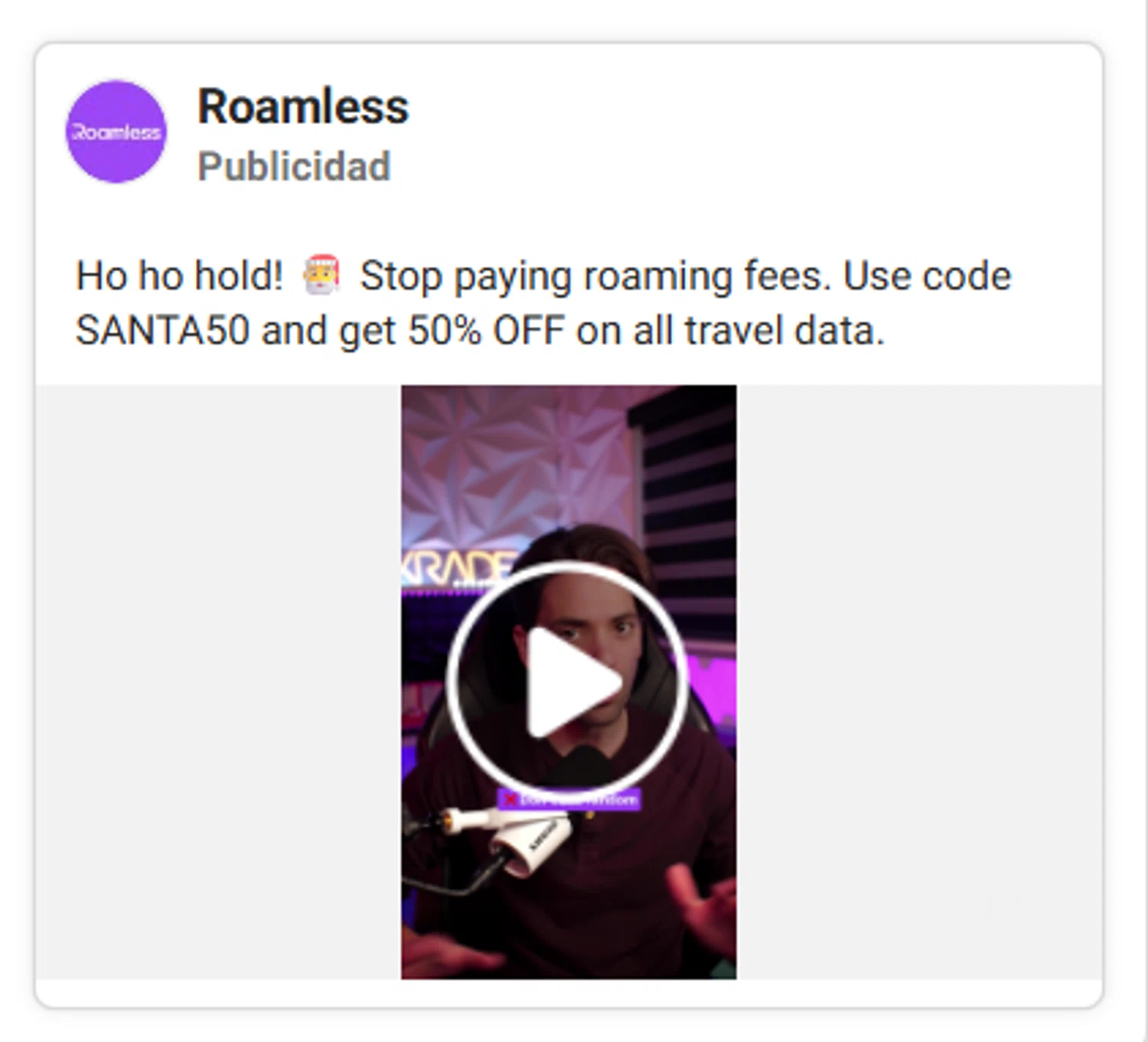 Roamless promo code screenshot showing code SANTA50 applied at Roamless checkout page. Uploaded by SimplyCodes community member antonietarodriguez96 on Dec 15, 2025