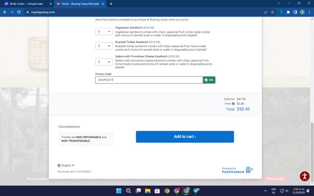 Roaring Camp checkout page showing Roaring Camp promo code box | Screenshot taken by SimplyCodes community member on Sep 21, 2023