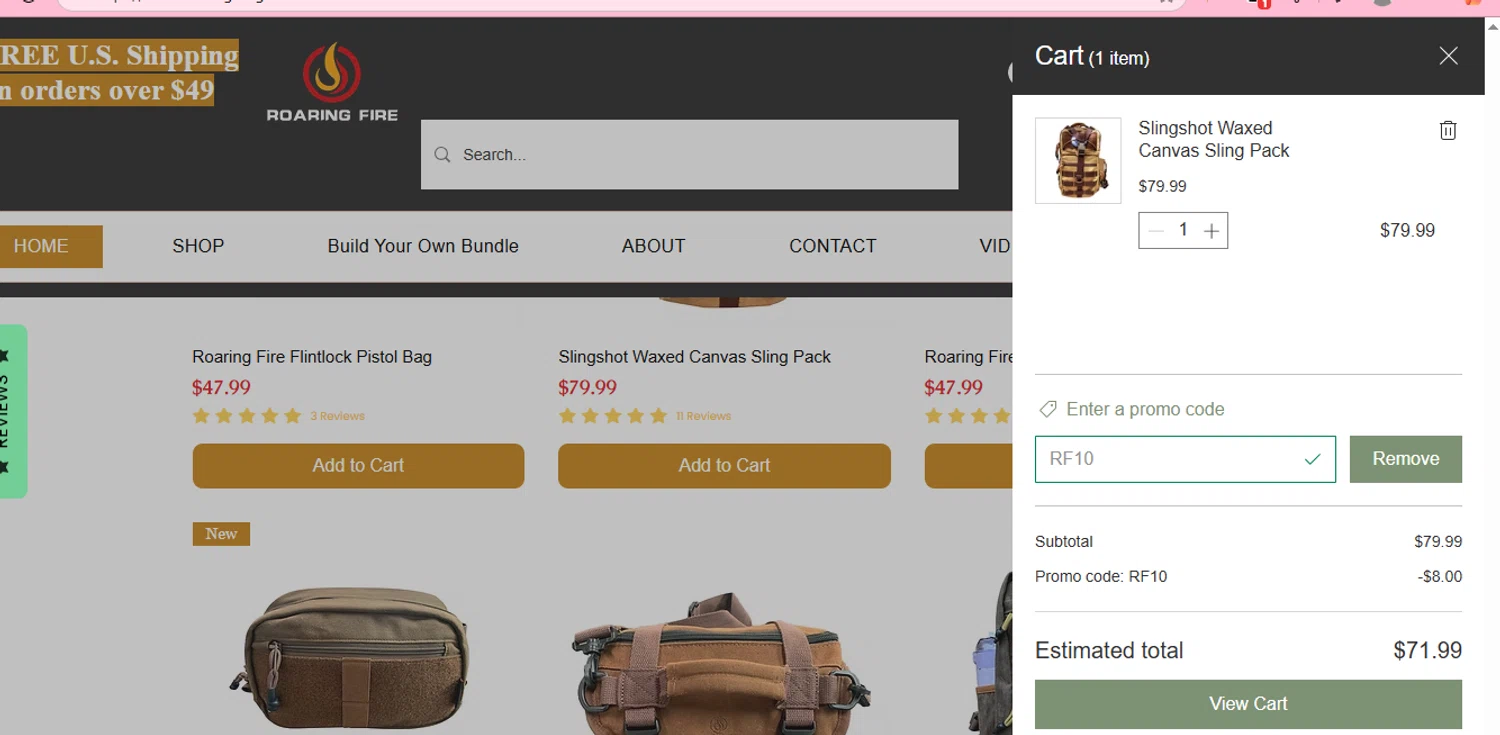 Roaring Fire Gear promo code screenshot showing code RF10 applied at Roaring Fire Gear checkout page. Uploaded by SimplyCodes community member negrita on Nov 10, 2025