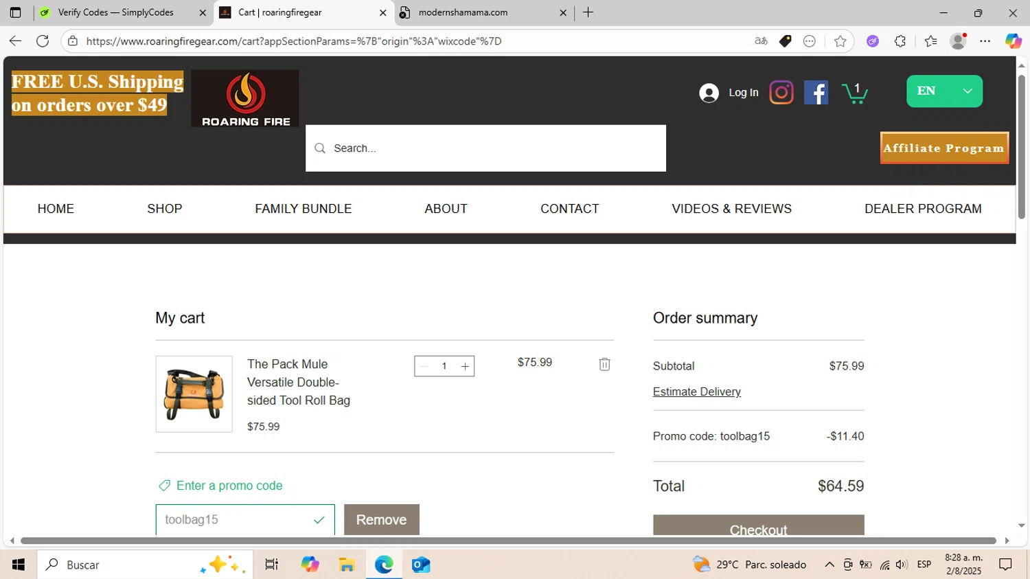 Roaring Fire Gear promo code screenshot showing code toolbag15 applied at Roaring Fire Gear checkout page. Uploaded by SimplyCodes community member DiscountCurator2907 on Aug 2, 2025