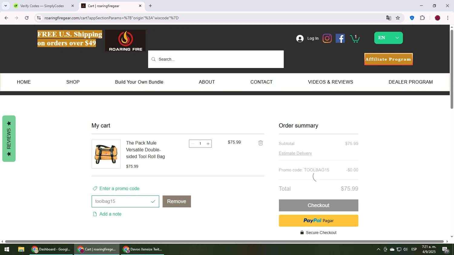 Roaring Fire Gear promo code screenshot showing code toolbag15 applied at Roaring Fire Gear checkout page. Uploaded by SimplyCodes community member MightyLegend6657 on Sep 4, 2025