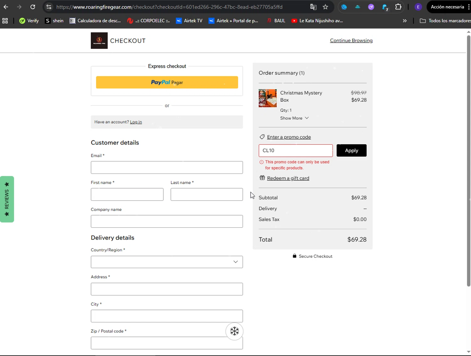 Roaring Fire Gear promo code screenshot showing code CL10 applied at Roaring Fire Gear checkout page. Uploaded by SimplyCodes community member LuckyFinder274 on Dec 14, 2025
