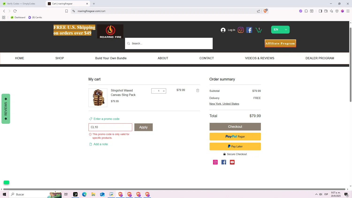 Roaring Fire Gear promo code screenshot showing code CL10 applied at Roaring Fire Gear checkout page. Uploaded by SimplyCodes community member Nezukooo on Aug 20, 2025