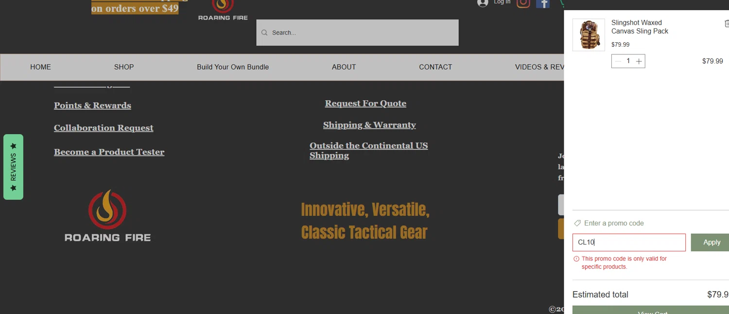 Roaring Fire Gear promo code screenshot showing code CL10 applied at Roaring Fire Gear checkout page. Uploaded by SimplyCodes community member alfock22 on Oct 17, 2025
