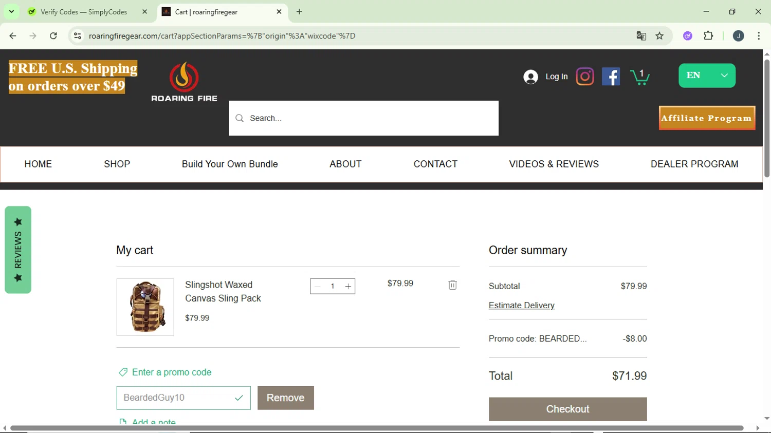 Roaring Fire Gear checkout page showing Roaring Fire Gear promo code box | Screenshot taken by SimplyCodes community member on Nov 13, 2025