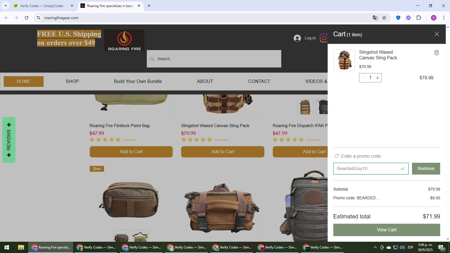 Roaring Fire Gear checkout page showing Roaring Fire Gear promo code box | Screenshot taken by SimplyCodes community member on Sep 30, 2025