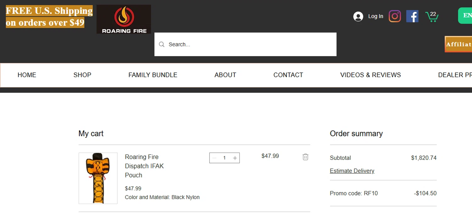 Roaring Fire Gear promo code screenshot showing code RF10 applied at Roaring Fire Gear checkout page. Uploaded by SimplyCodes community member ashe1986 on Aug 15, 2025