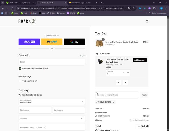 Roark checkout page showing Roark discount code box | Screenshot taken by SimplyCodes community member on Aug 28, 2025